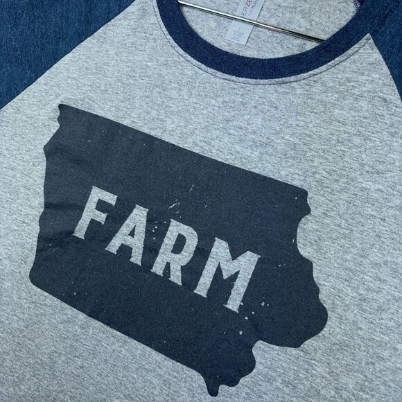 Iowa Farm Tee Shirt Adult Gray + Navy Raglan 3/4 Sleeve Tri Blend Jerzees Large - Picture 1 of 13